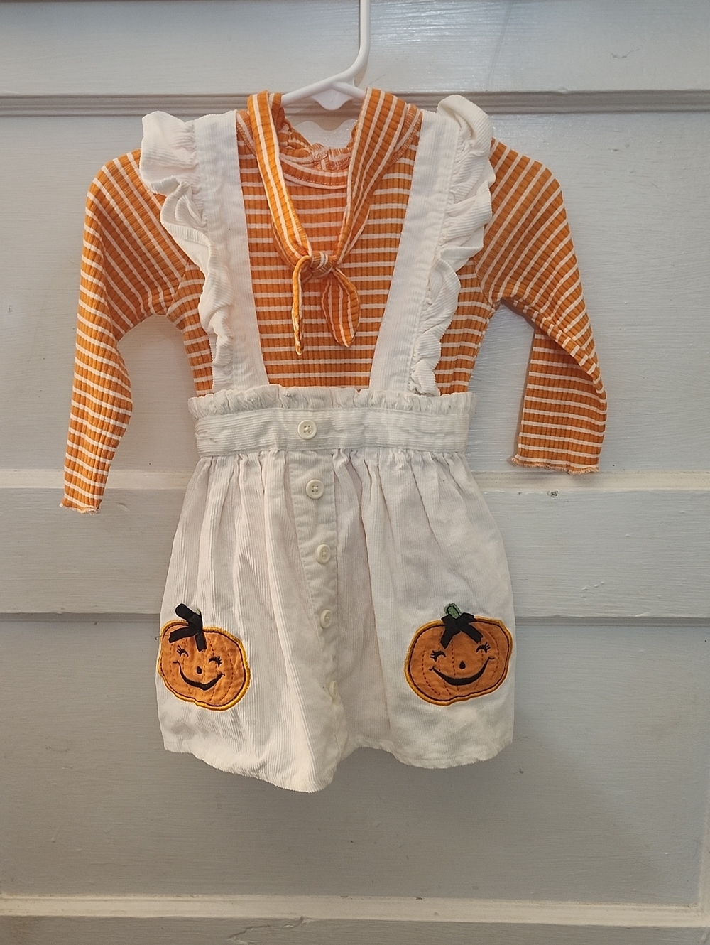 Girls Orange Striped Top with White Pinafore Dress and Pumpkin Appliqués
